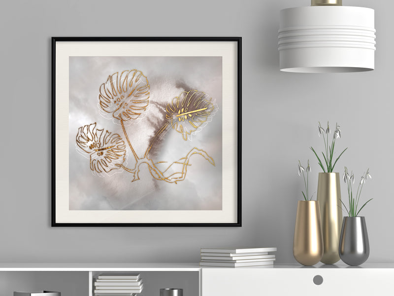 Poster - Golden Monstera Leaves  - zwart passepartout