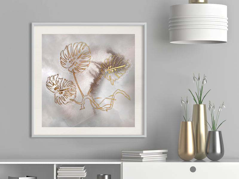 Poster - Golden Monstera Leaves  - wit passepartout