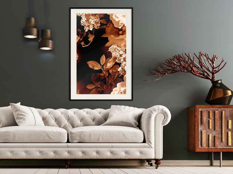 Poster - Flower Decoration in Sepia  - zwart passepartout