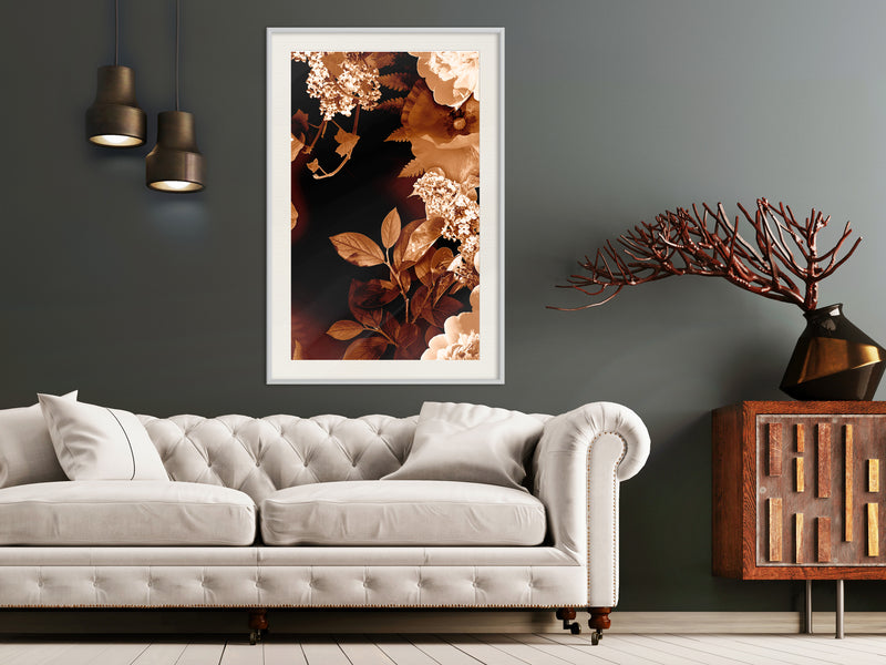 Poster - Flower Decoration in Sepia  - wit passepartout