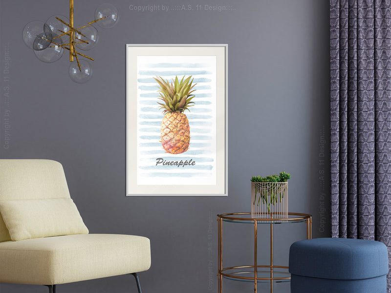 Poster - Pineapple on Striped Background  - wit passepartout