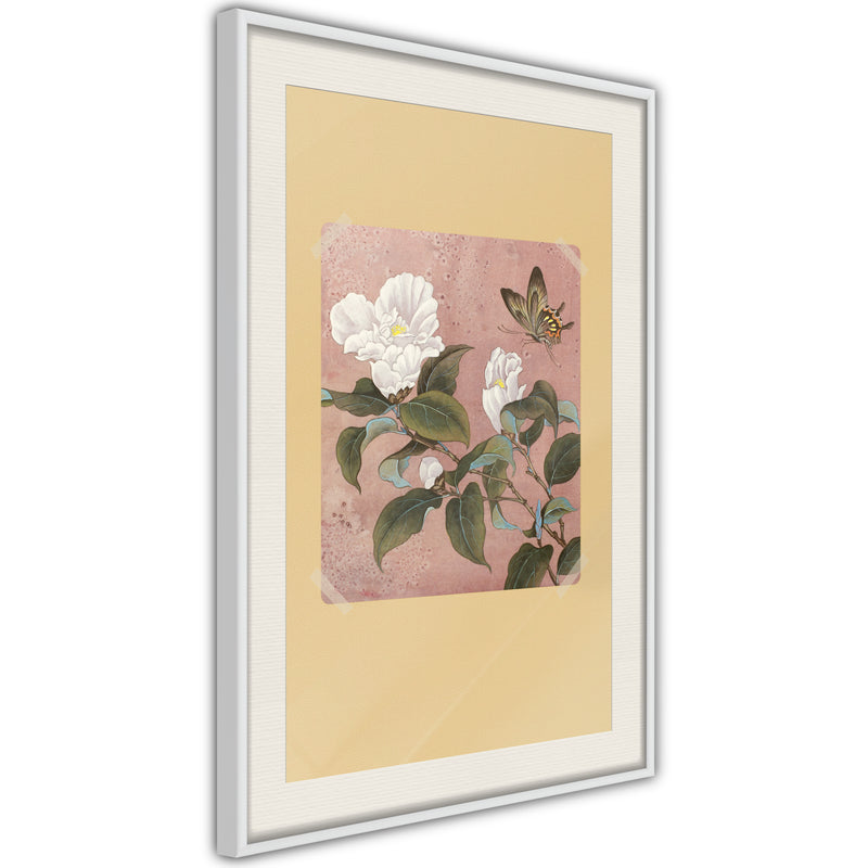 Poster - Rhododendron and Butterfly  - wit passepartout