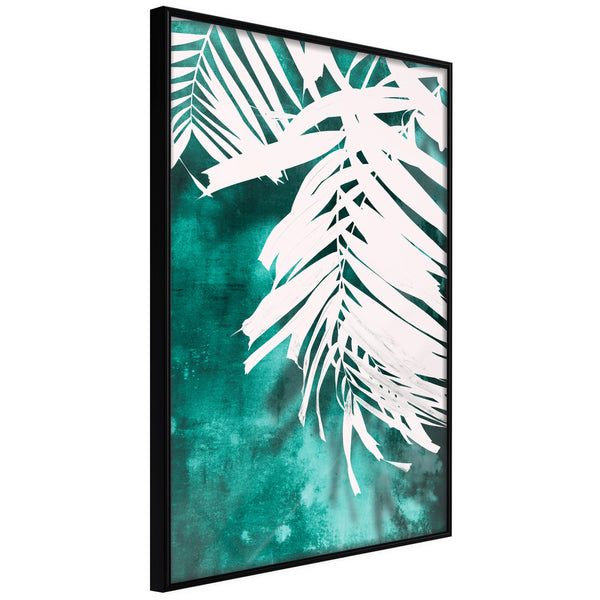 Poster - White Palm on Teal Background  - zwart