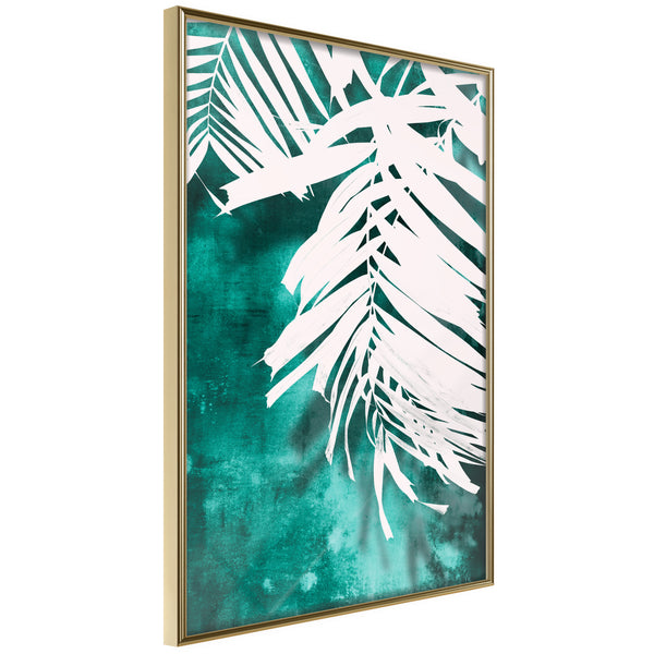 Poster - White Palm on Teal Background  - goud