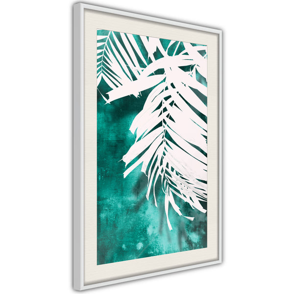 Poster - White Palm on Teal Background  - wit passepartout
