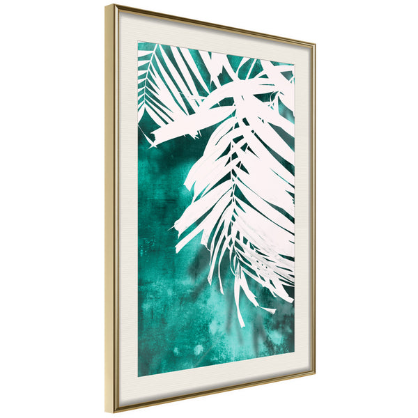 Poster - White Palm on Teal Background  - goud passepartout