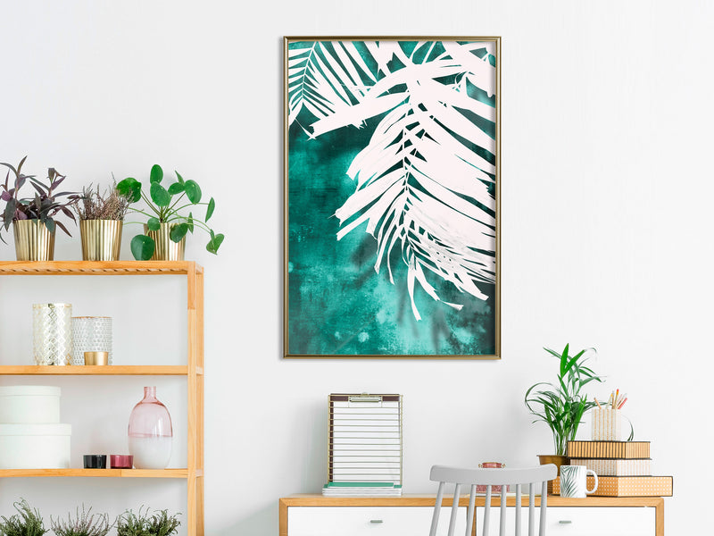 Poster - White Palm on Teal Background  - goud