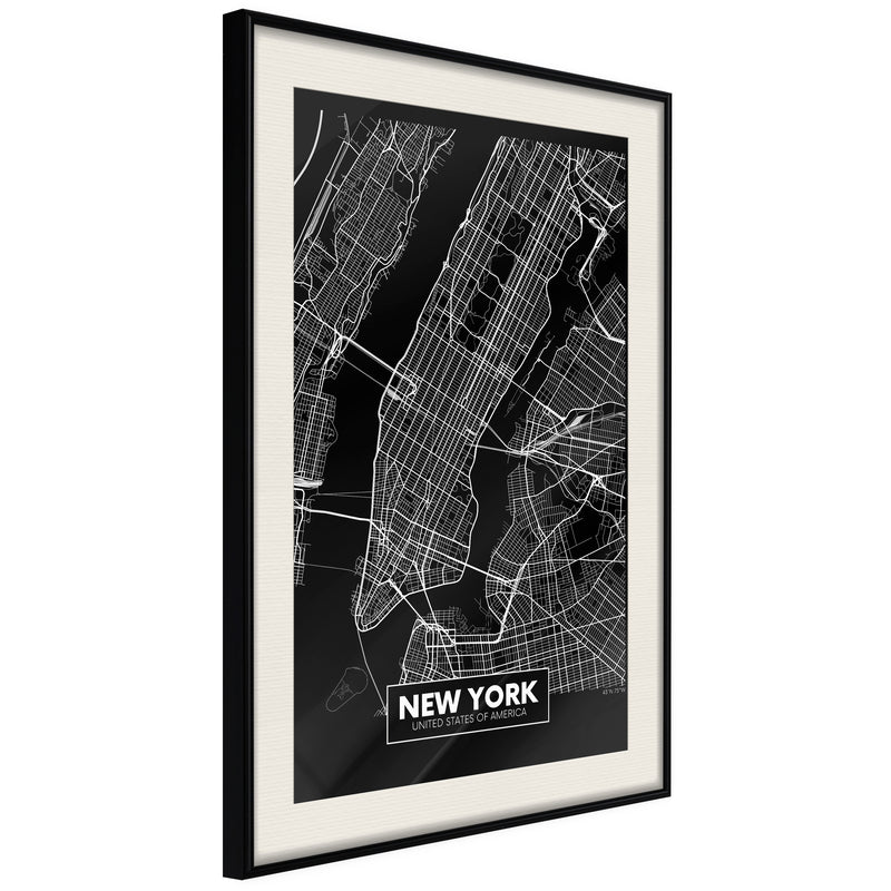 Poster - City Map: New York (Dark)  - zwart passepartout