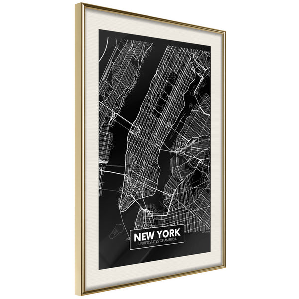 Poster - City Map: New York (Dark)  - goud passepartout
