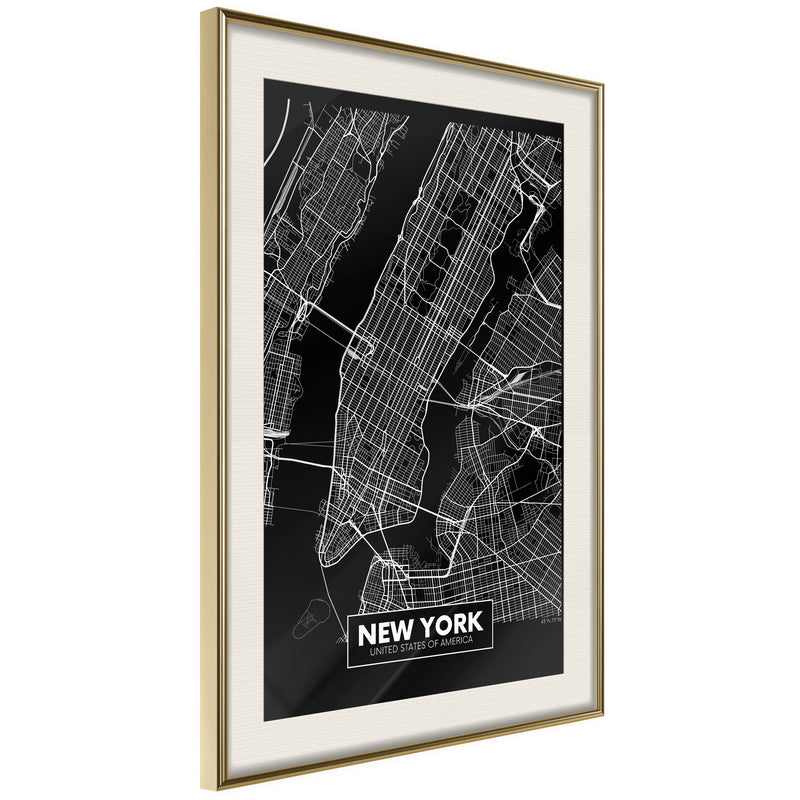Poster - City Map: New York (Dark)  - goud passepartout