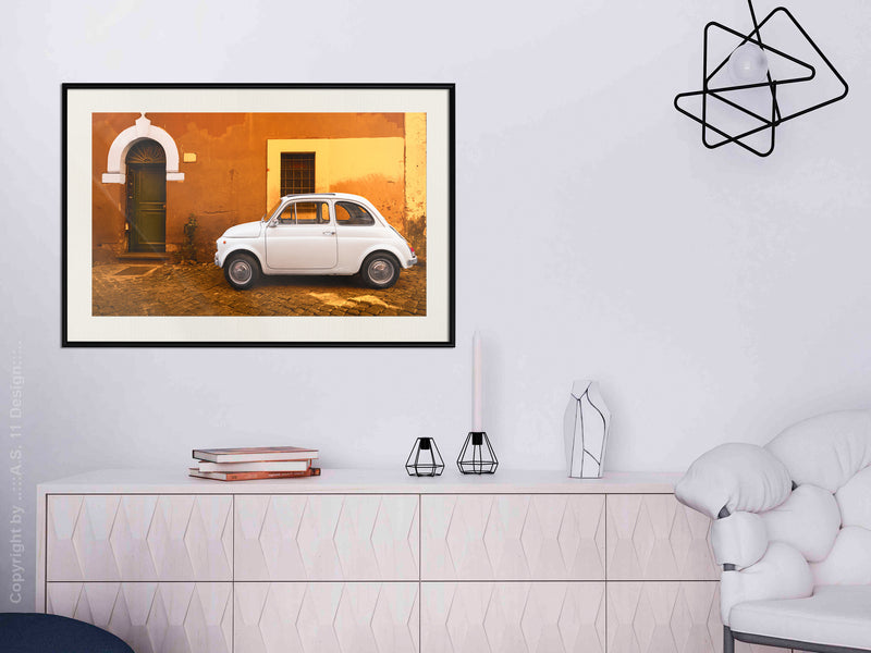 Poster - White Car  - zwart passepartout