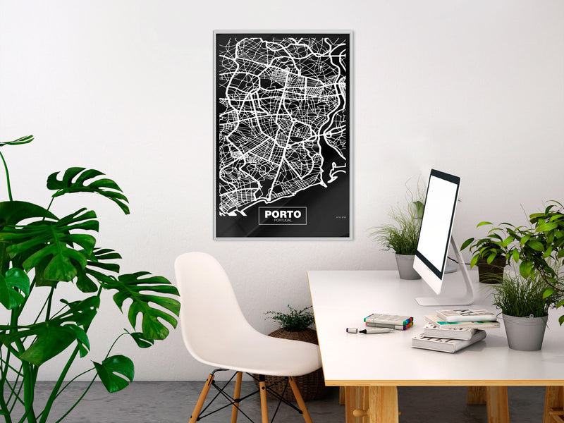 Poster - City Map: Porto (Dark)  - wit