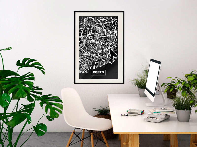 Poster - City Map: Porto (Dark)  - zwart passepartout