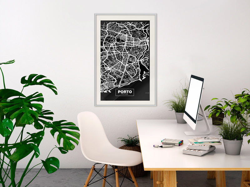 Poster - City Map: Porto (Dark)  - wit passepartout