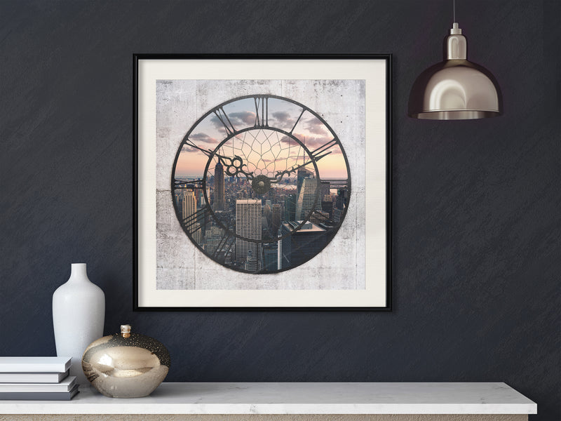 Poster - City Clock (Square)  - zwart passepartout