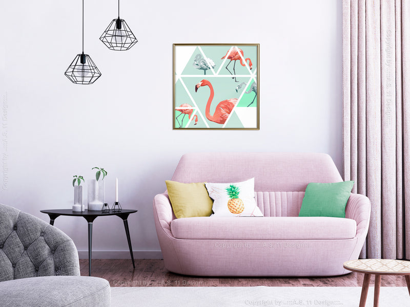 Poster - Tropical Mosaic with Flamingos (Square)  - goud