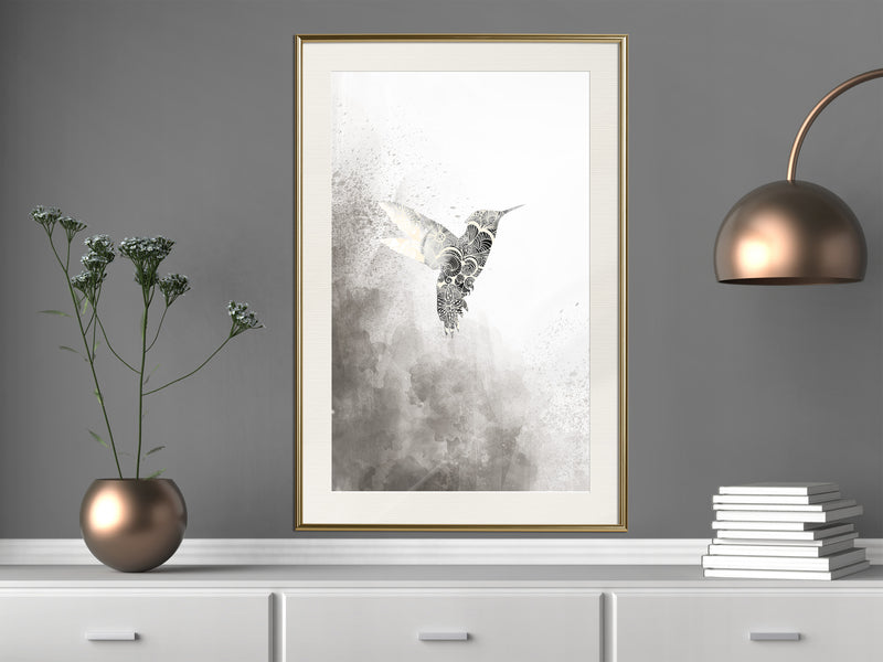 Poster - Hummingbird in Shades of Grey  - goud passepartout