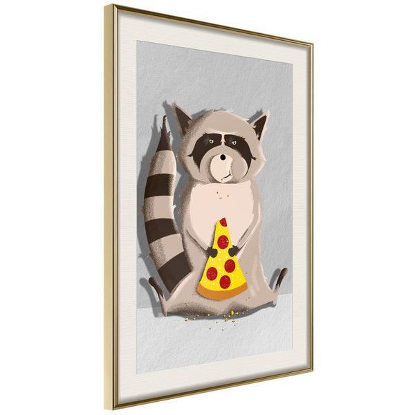 Poster - Racoon Eating Pizza  - goud passepartout