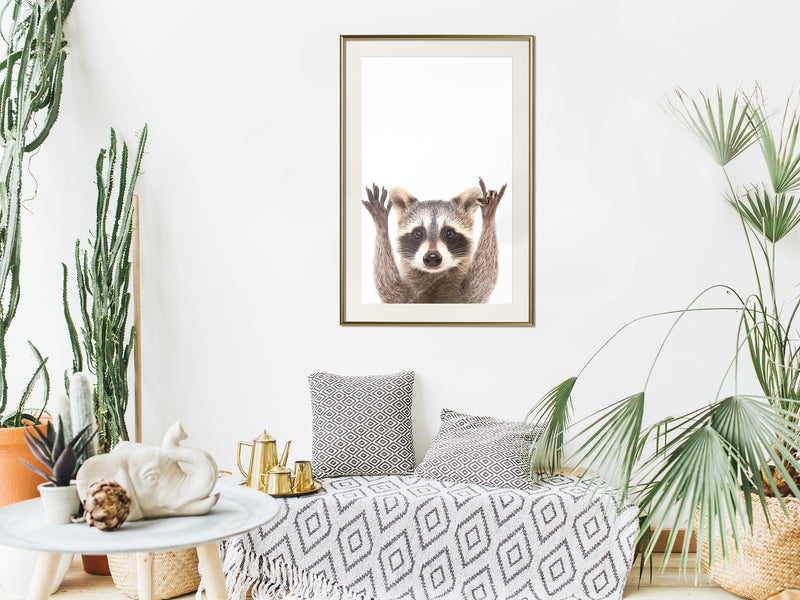 Poster - Funny Racoon  - goud passepartout