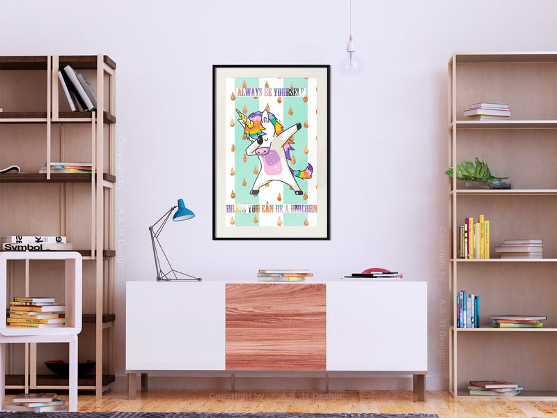 Poster - Dabbing Unicorn  - zwart passepartout