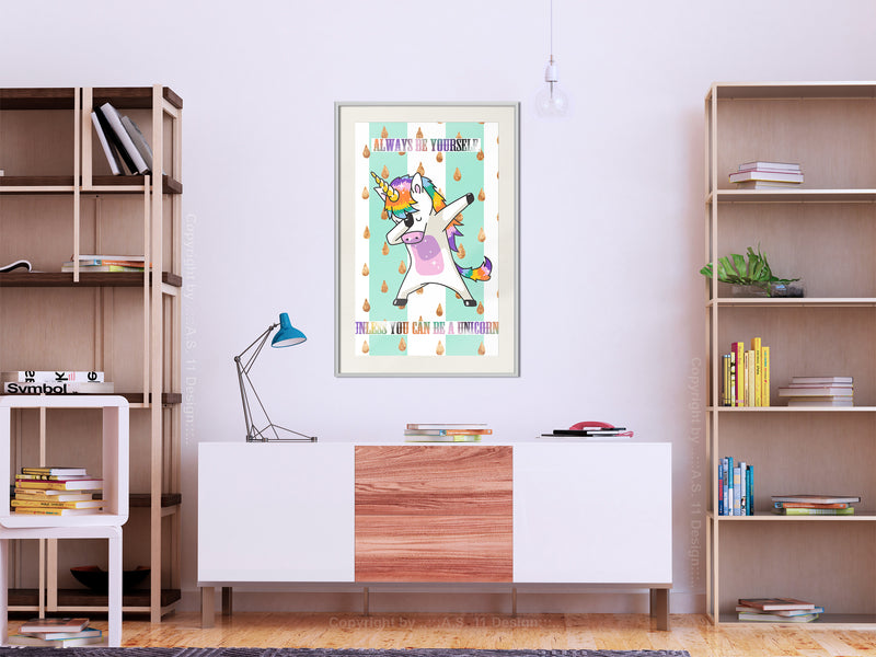 Poster - Dabbing Unicorn  - wit passepartout