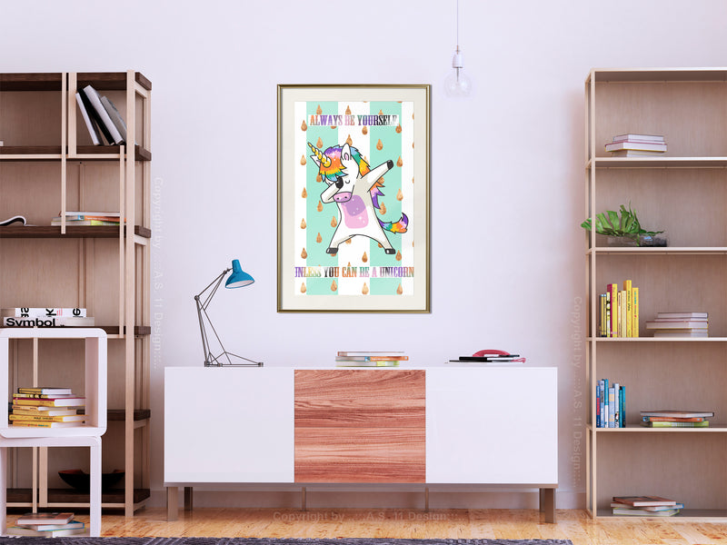 Poster - Dabbing Unicorn  - goud passepartout