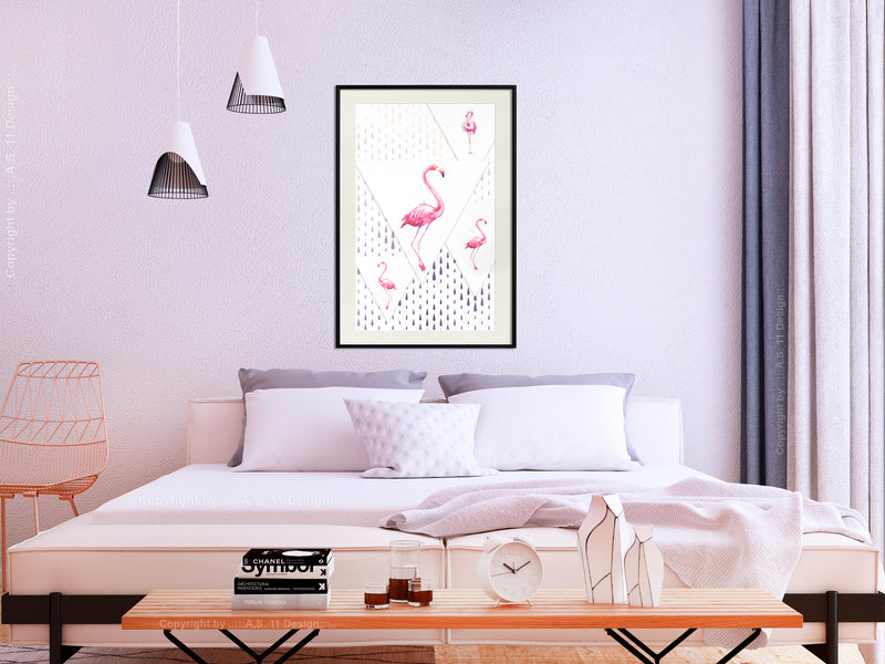 Poster - Flamingos and Triangles  - zwart passepartout