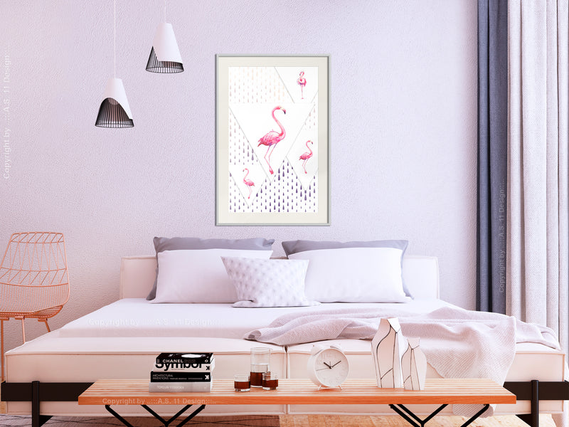 Poster - Flamingos and Triangles  - wit passepartout
