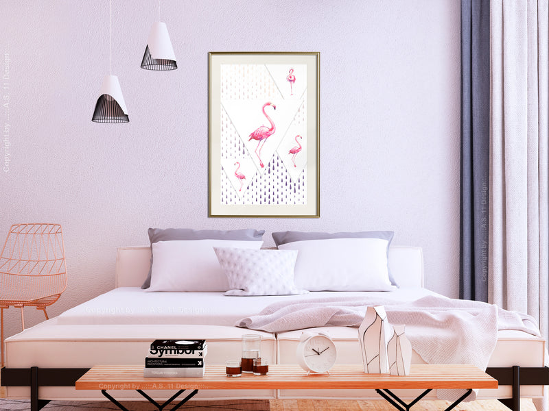 Poster - Flamingos and Triangles  - goud passepartout