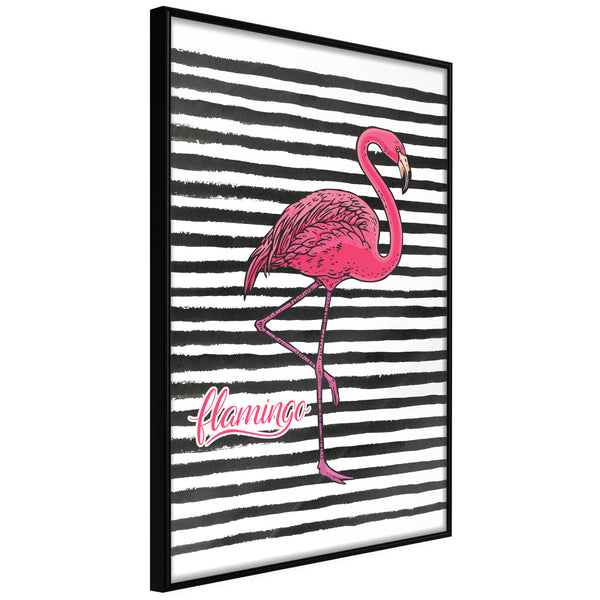 Poster - Flamingo on Striped Background  - zwart