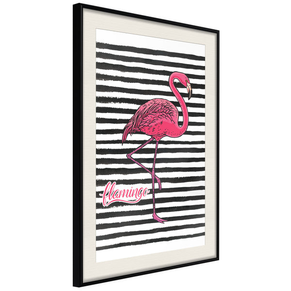 Poster - Flamingo on Striped Background  - zwart passepartout