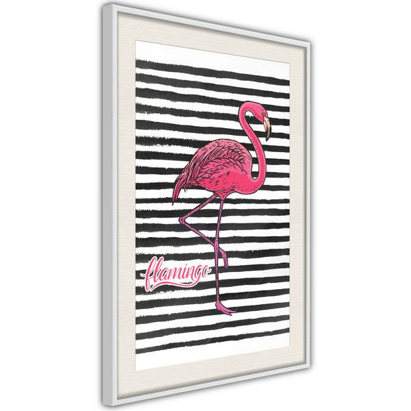 Poster - Flamingo on Striped Background  - wit passepartout