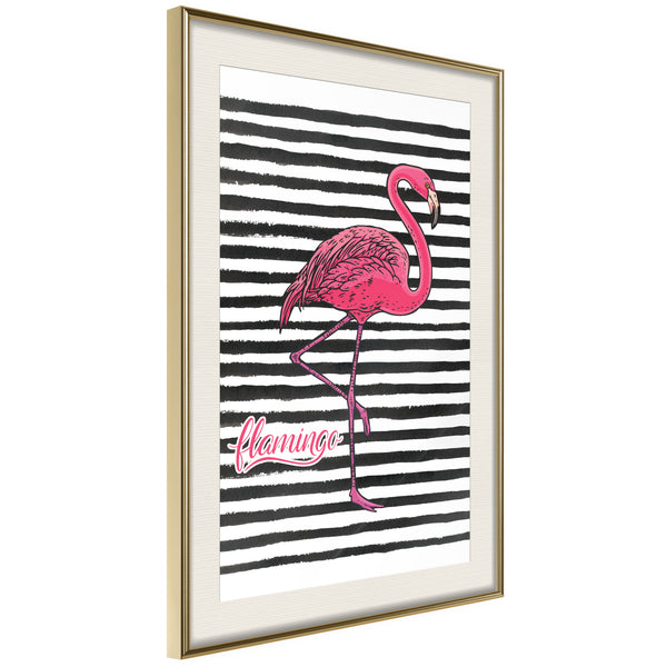 Poster - Flamingo on Striped Background  - goud passepartout