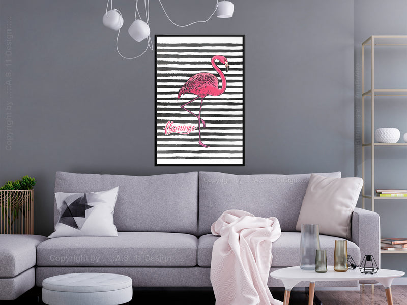 Poster - Flamingo on Striped Background  - zwart