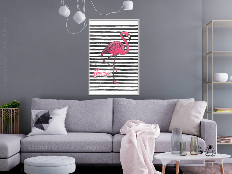 Poster - Flamingo on Striped Background  - wit