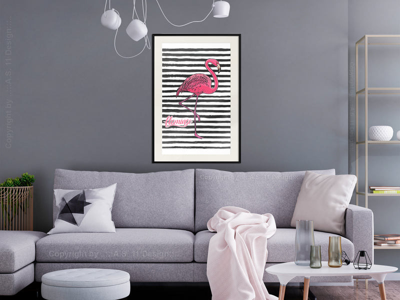 Poster - Flamingo on Striped Background  - zwart passepartout