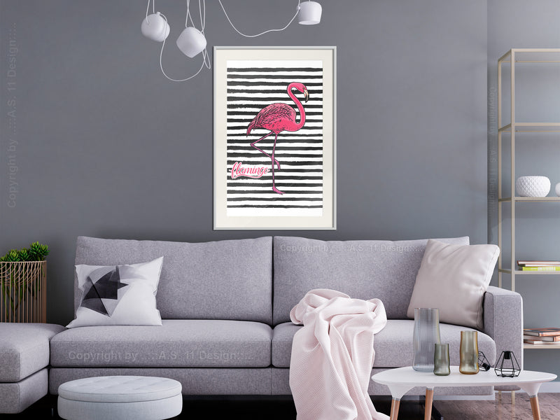 Poster - Flamingo on Striped Background  - wit passepartout