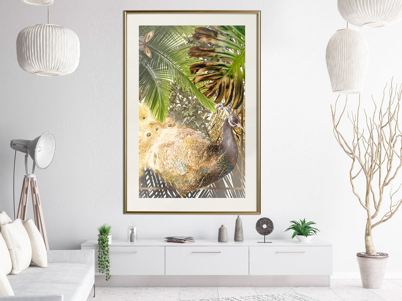 Poster - Fairy-Tale Peacock in the Jungle  - goud passepartout