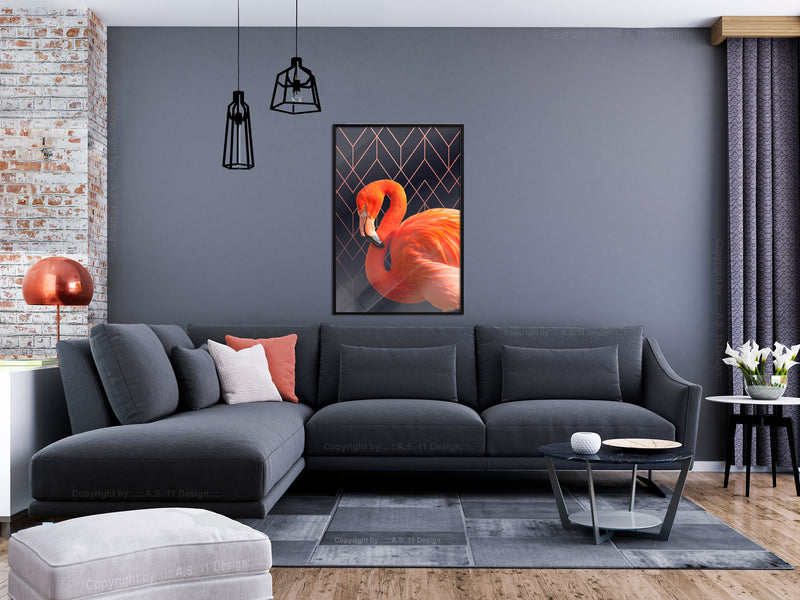 Poster - Orange Flamingo  - zwart
