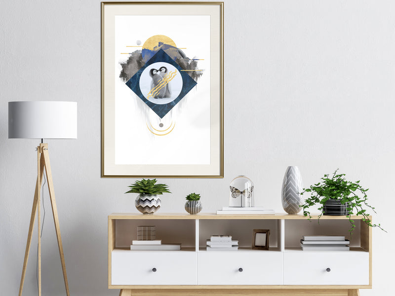 Poster - Little Penguins  - goud passepartout
