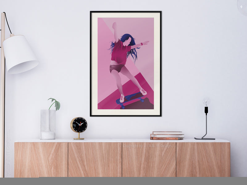 Poster - Girl on a Skateboard  - zwart passepartout