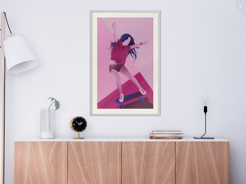 Poster - Girl on a Skateboard  - wit passepartout