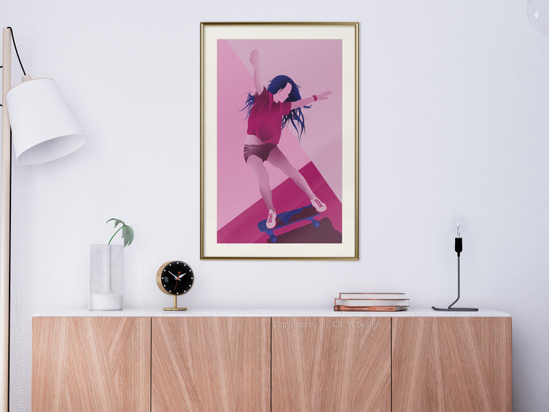Poster - Girl on a Skateboard  - goud passepartout