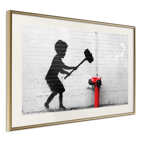 Poster - Banksy: Hammer Boy  - goud passepartout