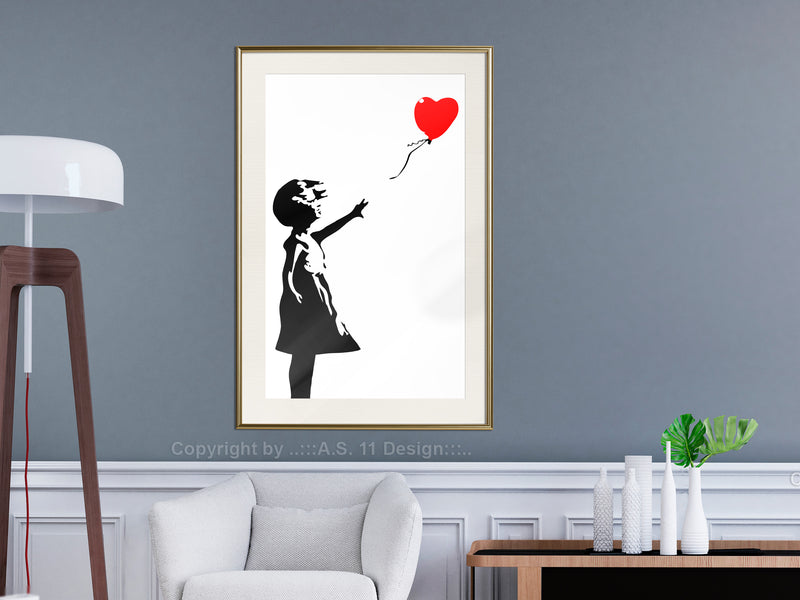 Poster - Banksy: Girl with Balloon I  - goud passepartout