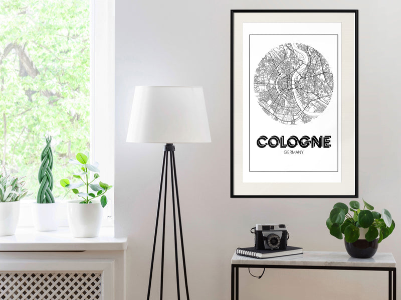 Poster - City Map: Cologne (Round)  - zwart passepartout