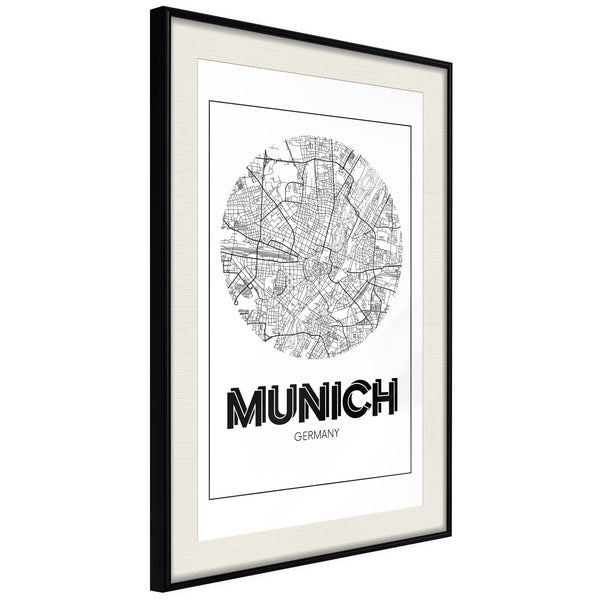 Poster - City Map: Munich (Round)  - zwart passepartout