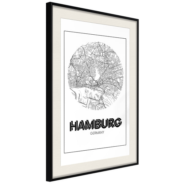 Poster - City Map: Hamburg (Round)  - zwart passepartout