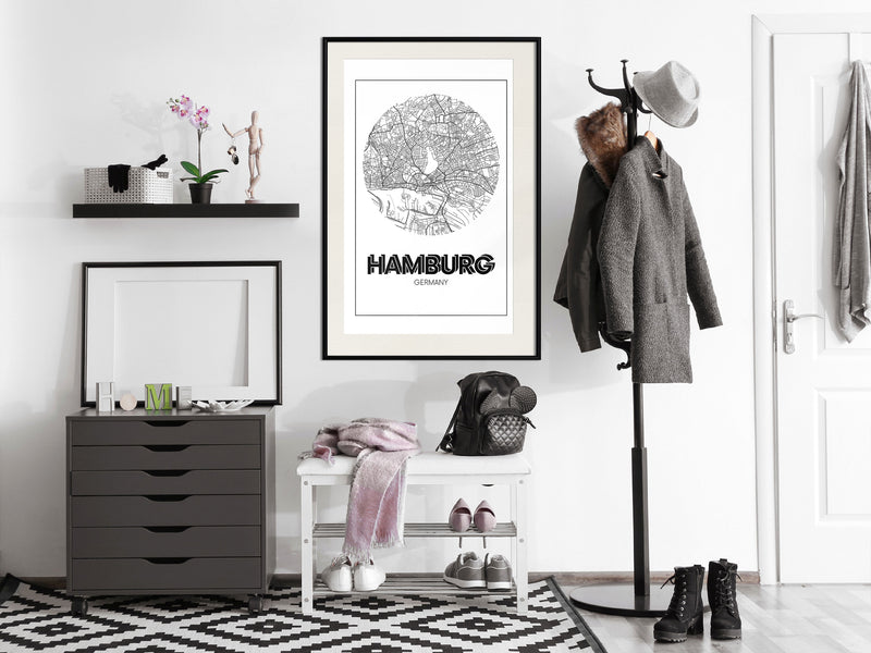 Poster - City Map: Hamburg (Round)  - zwart passepartout
