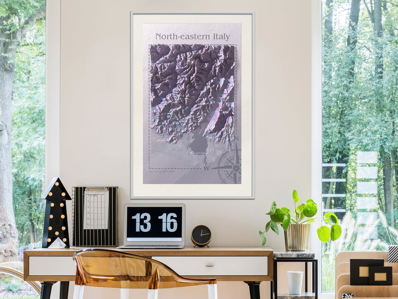 Poster - Raised Relief Map: North-Eastern Italy  - wit passepartout